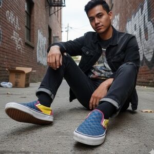 🎨 Vans Men's Checkerboard Slip-Ons - Blue/Gray & Multi-Color Block | Size 12 US